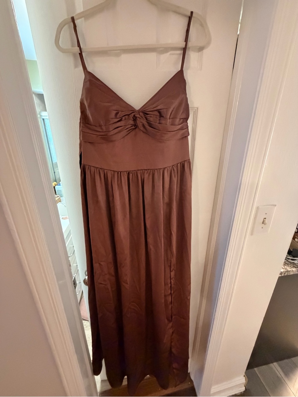 Azazie Zeya Espresso Spaghetti Strap Satin Maxi Dress